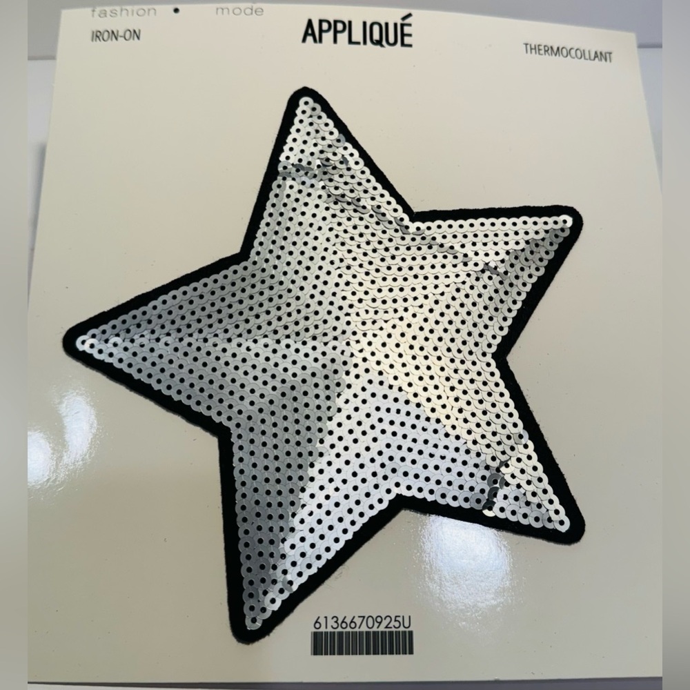 Sequin Silver Star Patch with Black Trim Iron-On 6.5” NWT
